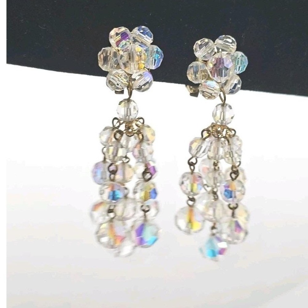 1950's Waterfall Chandelier AB Crystal Beads Cascade Clip On Earrings